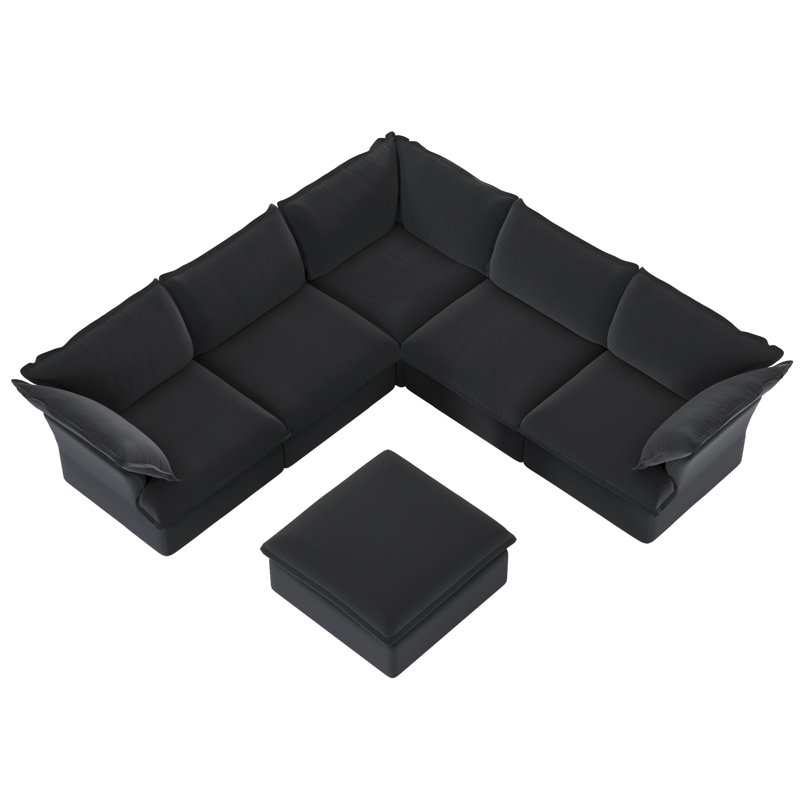 Fairford 6-Piece Upholstered Modern Corduroy Fabric Sectional Sofa With Ottoman, Black Linen Blend
