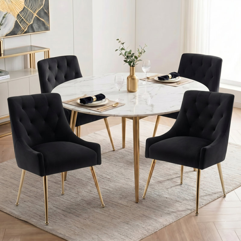 Fewell Velvet Upholstered Dining Chair With Gold Legs, Black