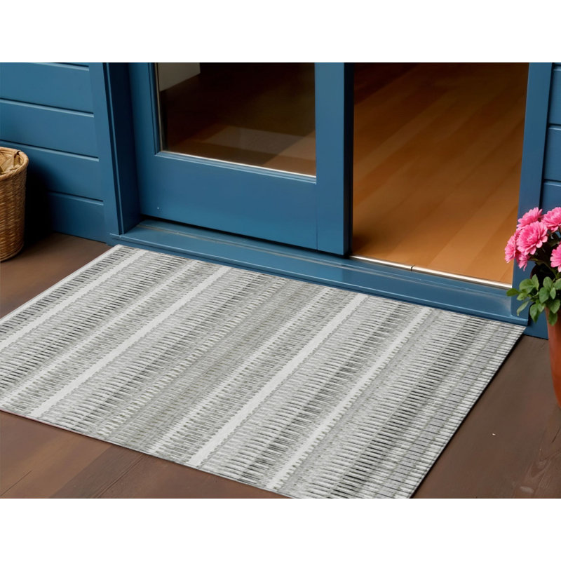 3' X 5' Ivory Gray And Taupe Striped Washable Indoor Outdoor Area Rug