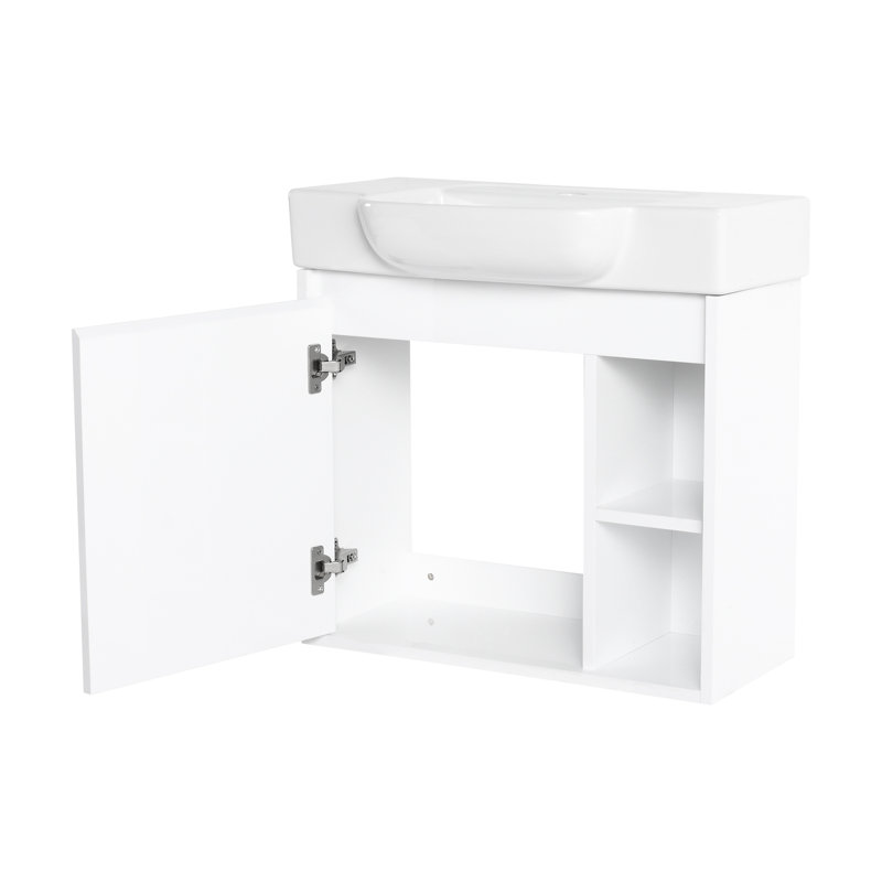 Meuble-lavabo mural avec lavabo en céramique blanche, Blanc lustré