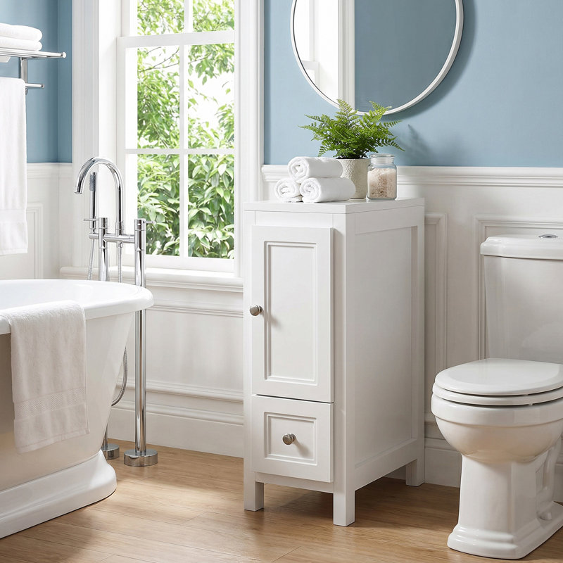 White Narrow Bathroom Storage Cabinet, Freestanding Slim Bathroom Floor Cabinet with Single Door & Drawer, Small Side Linen Cabinet for Bathroom, Toilet, Laundry Room, Compact Organizer Cabinet with Adjustable Shelf