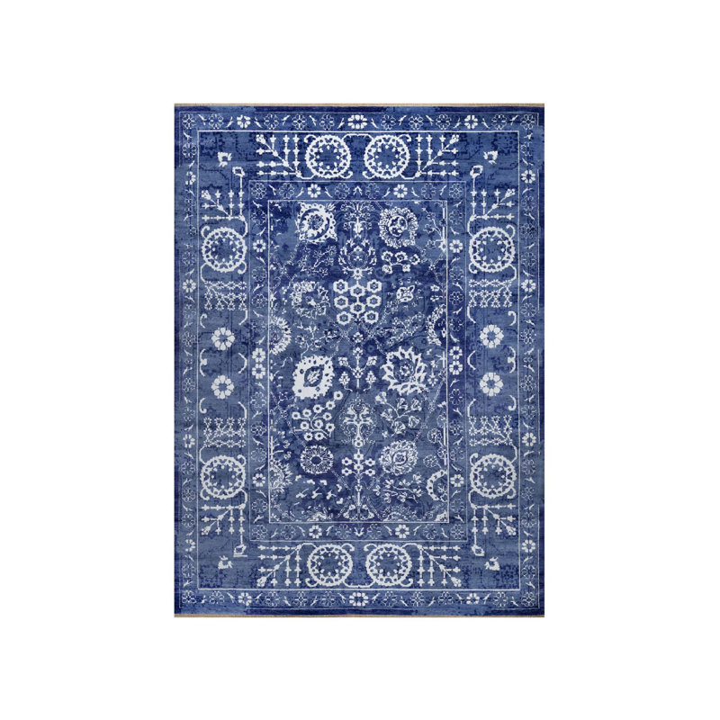 Tapis bleu en laine et soie noué à la main 9 pi x 12 pi 3 po A8E8D0F7AC0D456C8196FA4F766FA1C1 Yale