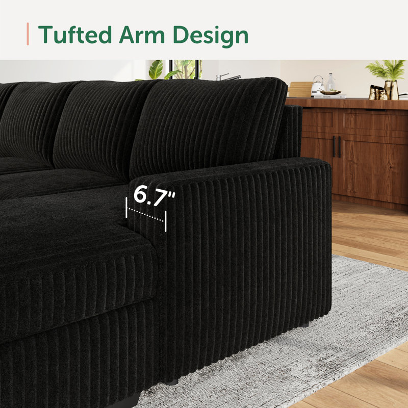 Brunella U-shaped Corner Sectional Sofa Bed Upholstered Corduroy Sleeper, Black Corduroy