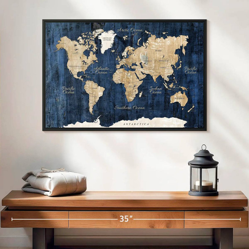 Carte du monde en bois texturé, 25 po x 17 po, Cadre flottant noir