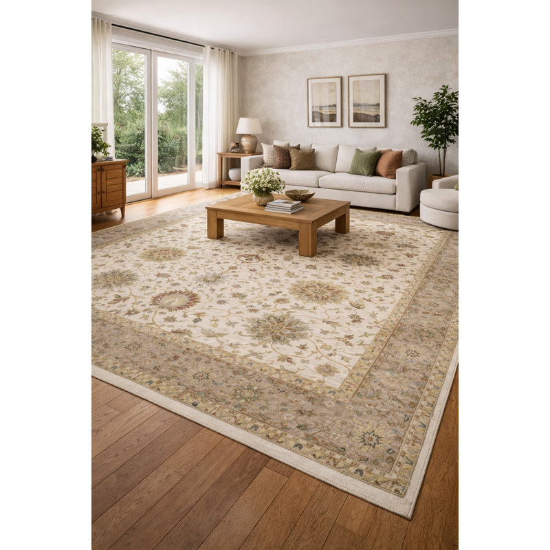 Tapis crème en laine noué à la main floral 12 pi x 15 pi 1 po Floral