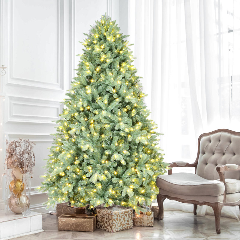 Arbre de Noël bleu pré-éclairé avec lumières DEL blanc chaud - pointes en PE + PVC, branches à charnières pour une installation facile, support en métal robuste, décoration de Noël unique