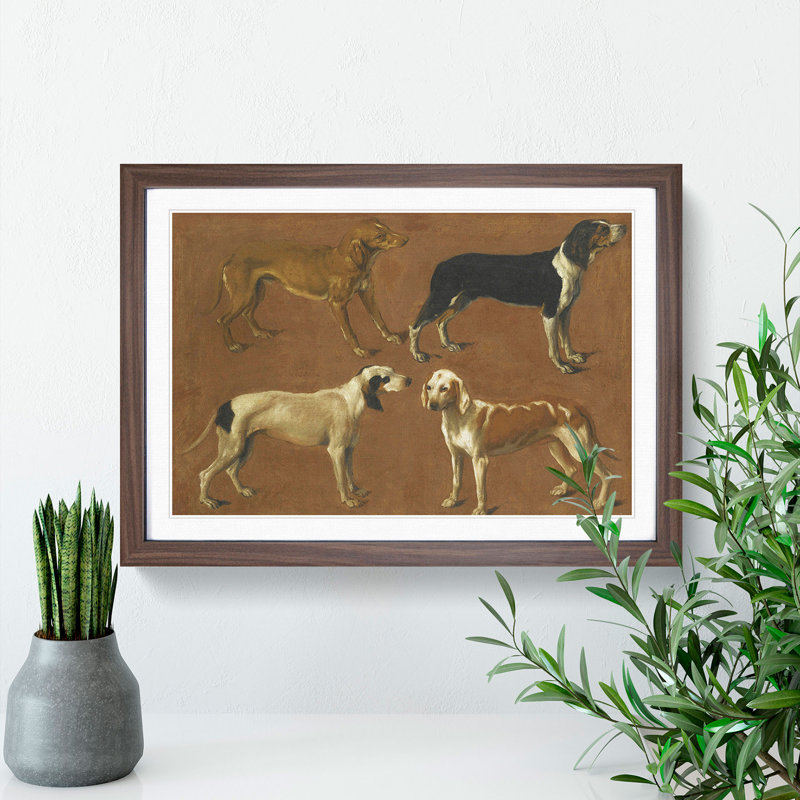 Hounds by Jacques-Laurent Agasse - Picture Frame Painting, Walnut Framed, 27cm H x 36cm W x 2cm D