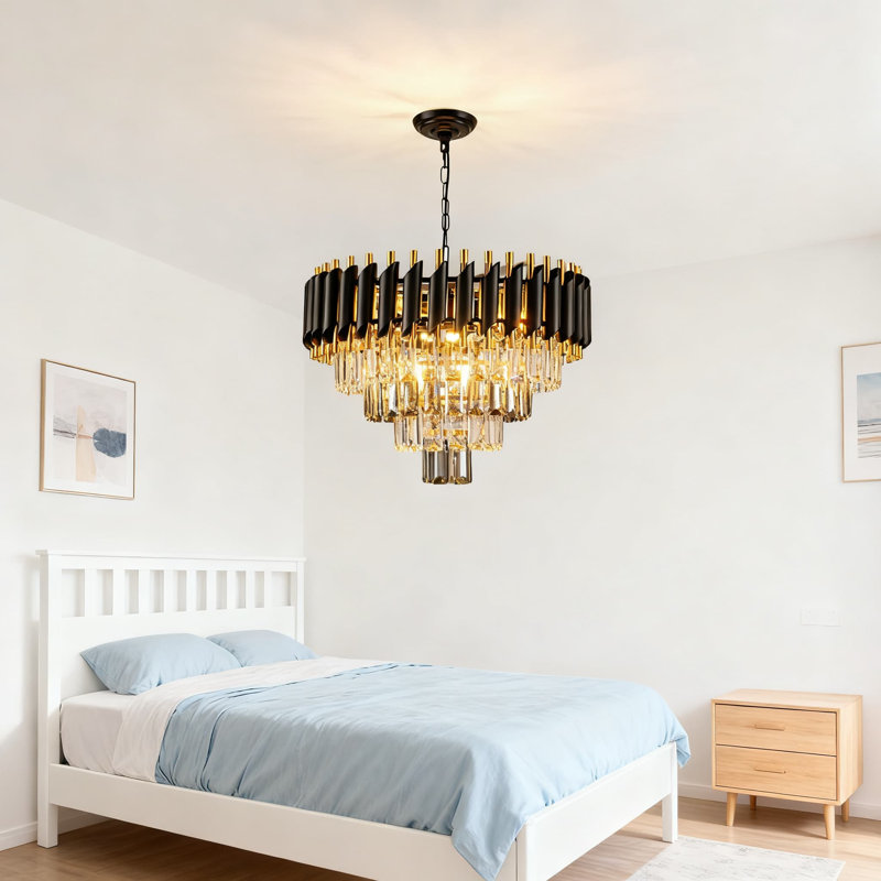 Lustre en cristal moderne avec fonction à intensité variable, plafonnier encastré à 7 lumières, conception à 4 niveaux de gouttes de pluie pour la salle à manger, le salon, la cuisine, l'entrée et le vestibule