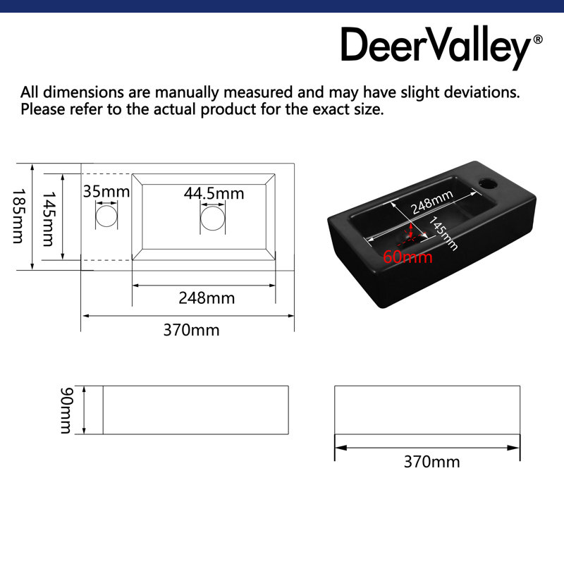 DeerValley 370 x 180 x 90mm Black Ceramic Rectangular Cloakroom Wall Hung Bathroom Basin