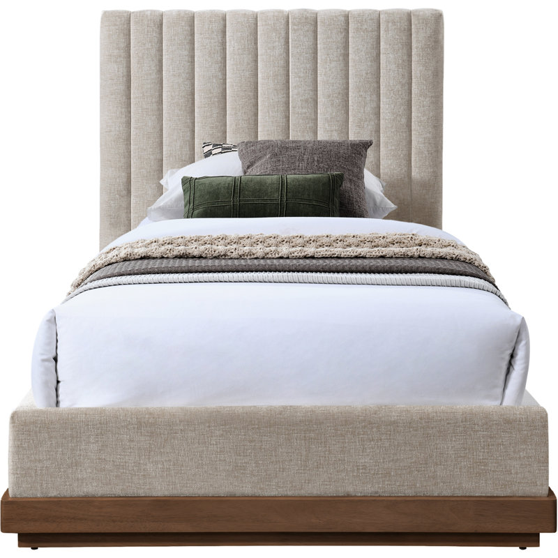 Emmet Chenille Fabric Bed, Twin, Beige Chenille Fabric / Brown Walnut