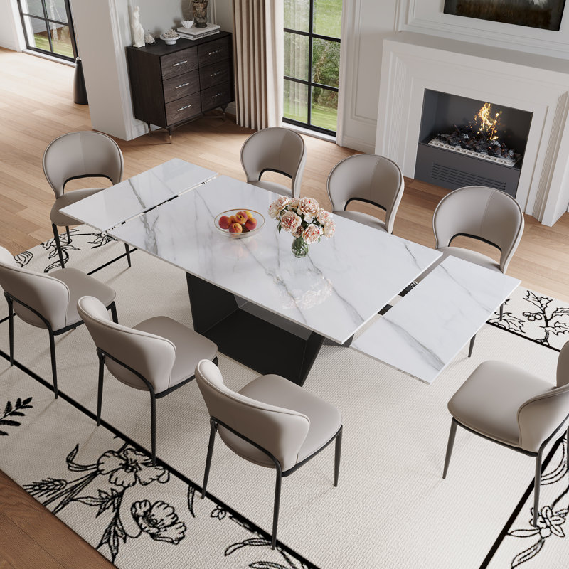 63''-94.5'' Extendable Stone Dining Table for 4-8, Modern Rectangle Dining Table with Black Stainless Steel Base