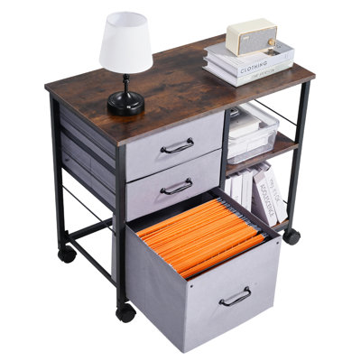 Mobile Metal File Cabinet With 3 Fabric Drawers And 2 Open Shelves Brown
