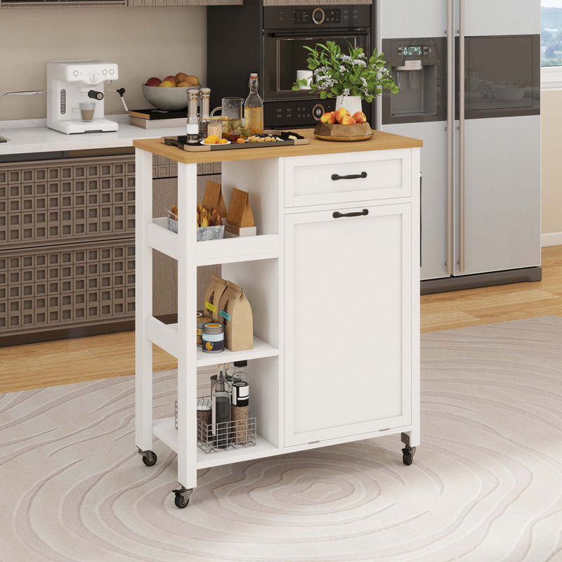 Small Rolling Portable Dining Serving Utility Kitchen Island Cart On Wheels With Trash Can Storage Cabinet For 10 Gallon Garbage Bin