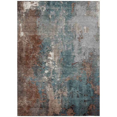 3' X 5' Rust And Teal Blue Abstract Washable Indoor Outdoor Area Rug