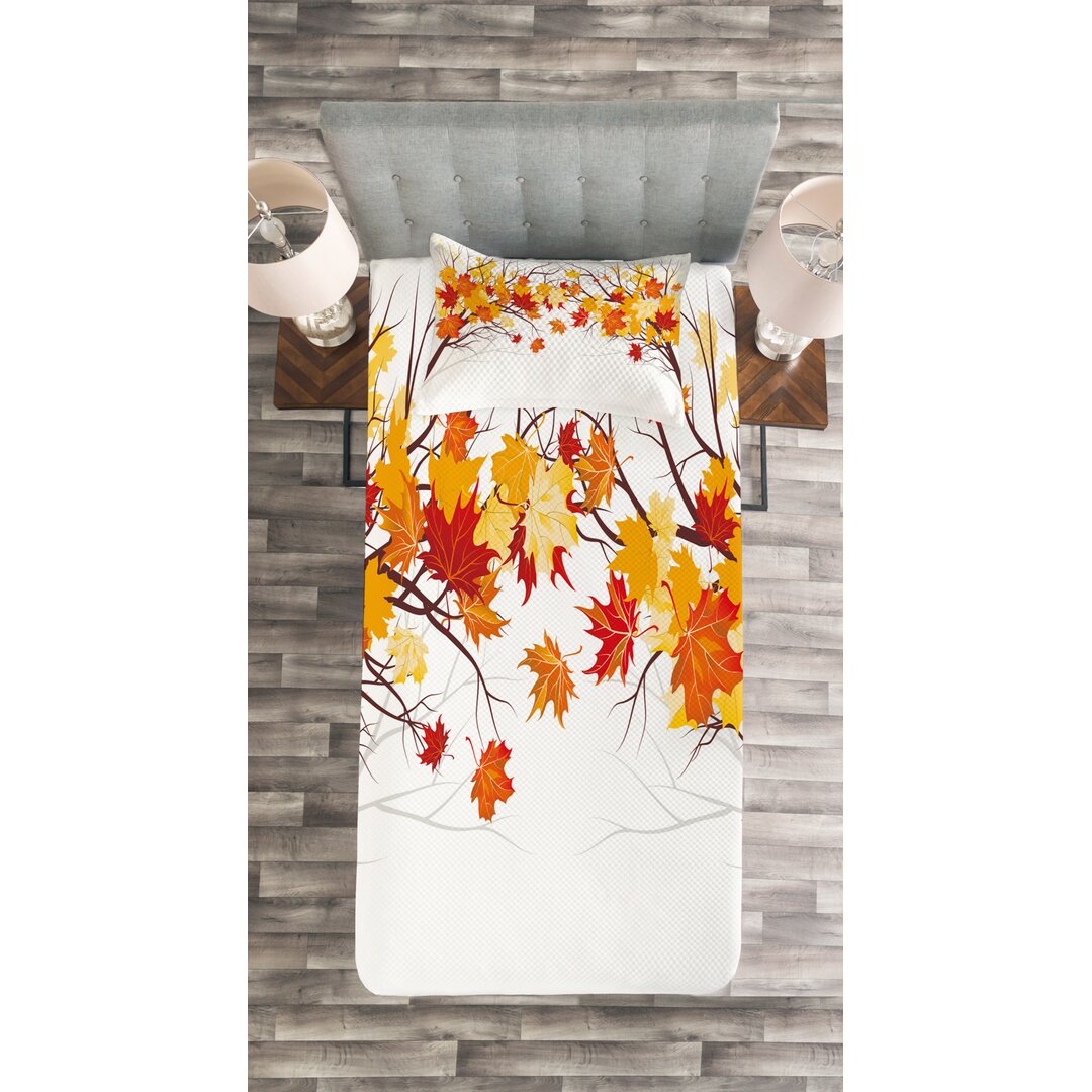 Gestepptes Bettdecken-Set, Cartoon Ahorn Herbst-Baum, Fallen, Orange Weiss