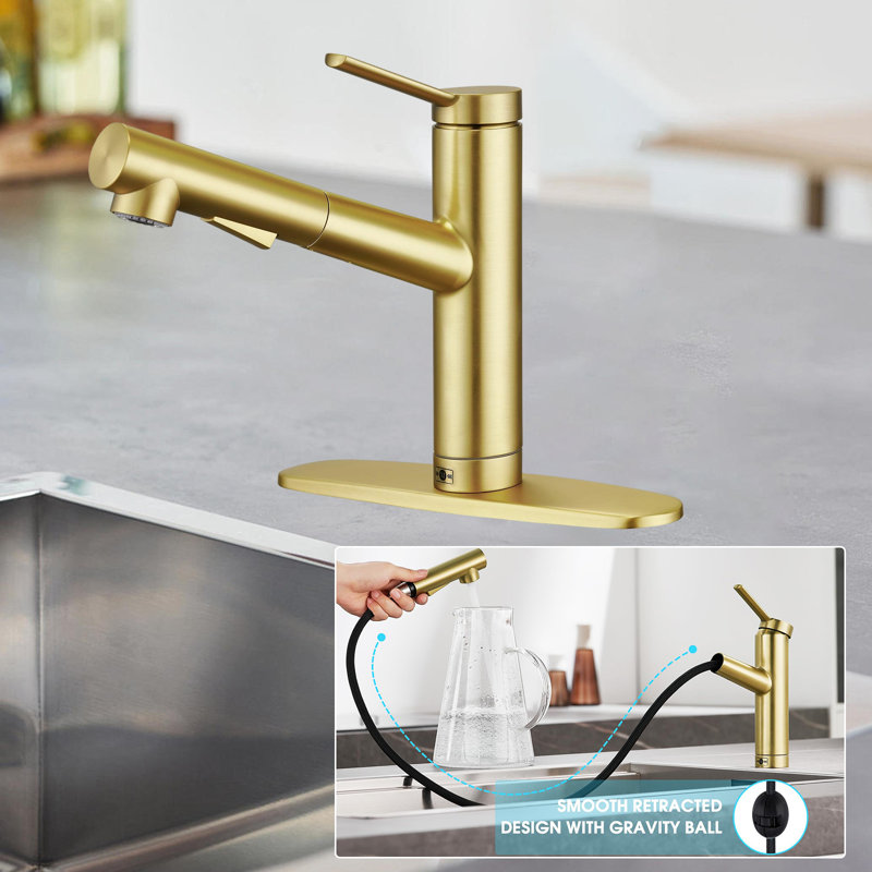 Low Profile Kitchen Faucet With Pull-Out Spray Nozzle, Single Handle, Short Kitchen Faucet, Low Arc Faucet, Brushed Gold