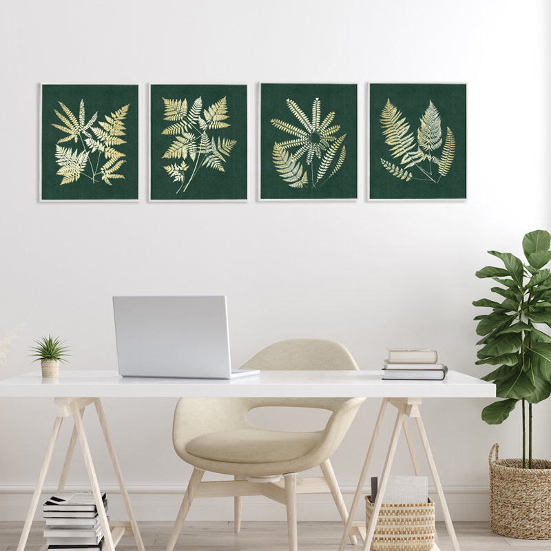 Feuilles de fougère lumineuses, ensemble de 4 giclées encadrées, design par JJ Design House LLC, H 14 po x l 11 po