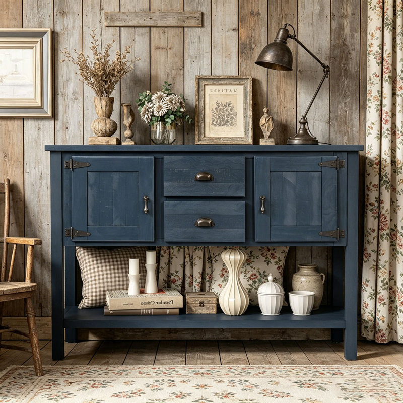 Console de 46 po en bois massif avec 2 tiroirs, armoires et tablette inférieure, armoire de rangement pour salle à manger de style rétro