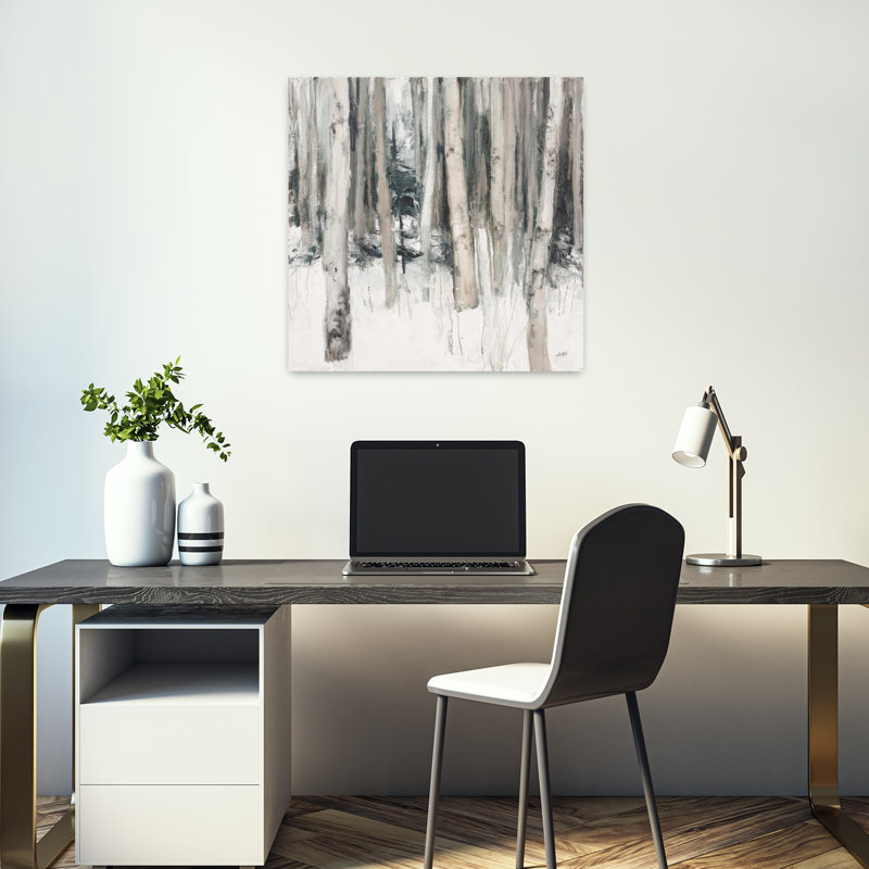 Bois d'hiver contemporain II neutre avec art abstrait en bouleau, H 18 po x l 18 po