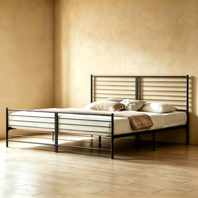 Modern Horizontal Slat Metal Bed Frame with Headboard and Footboard