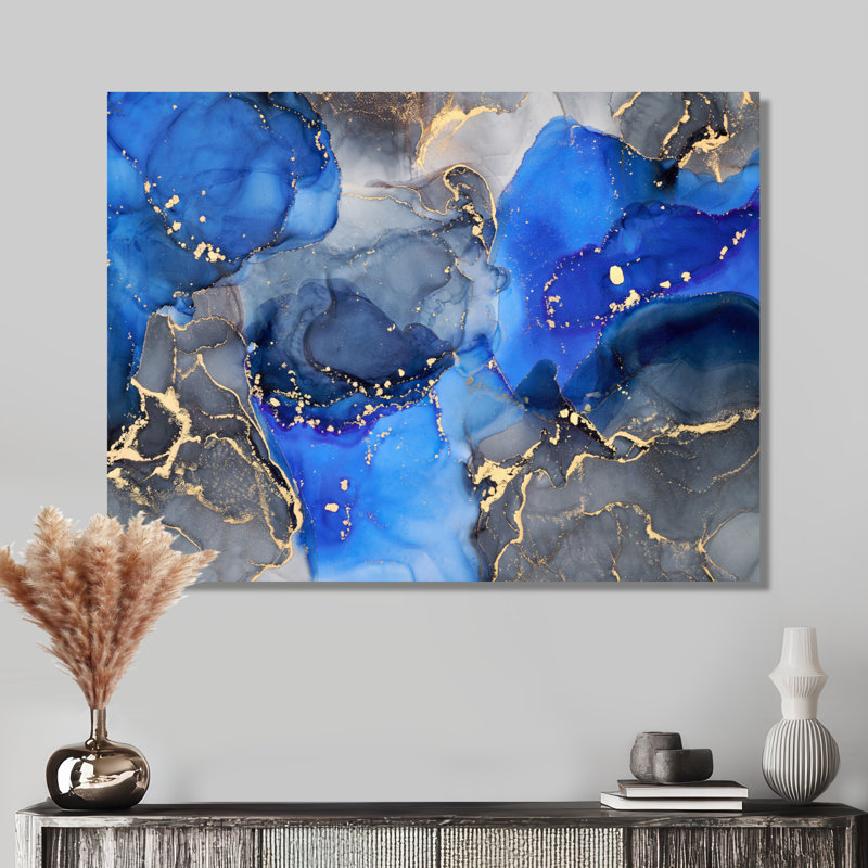 «Blue and Black Luxury Abstract Fluid Art I», reproduction d'art sur toile, H 30 po x l 40 po, Toile tendue, Sans cadre