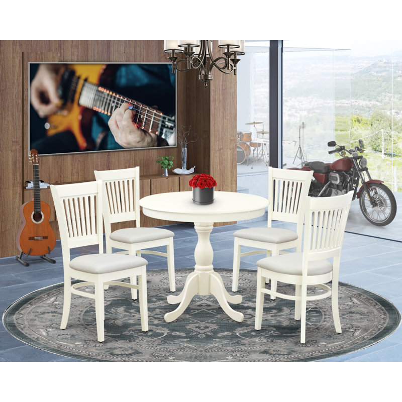 Ensemble de table de salle à manger moderne 5 pièces comprenant une table de cuisine ronde avec piédestal et 4 chaises de salle à manger en lin, blanc lin