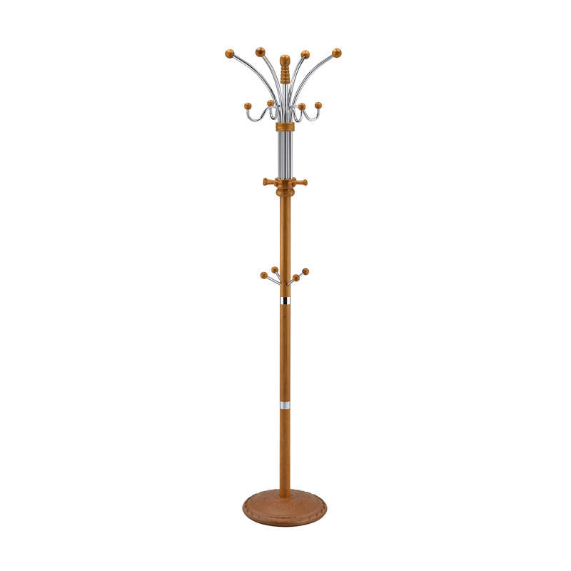 73" Tall Chrome And Wood Coat Rack, Oak Finish, Oak