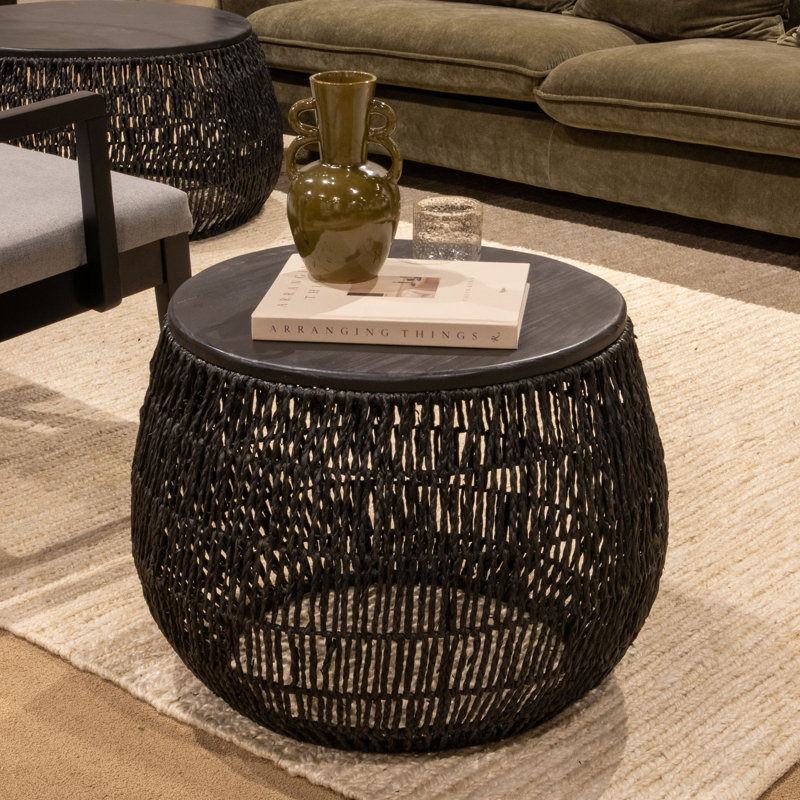 Serena Hand-Woven Seagrass and Pine Wood Round Side Table, Black