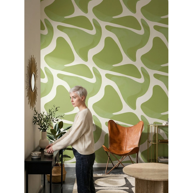 Rouleau double de papier peint abstrait organique à motif abstrait vert, Peel and Stick
