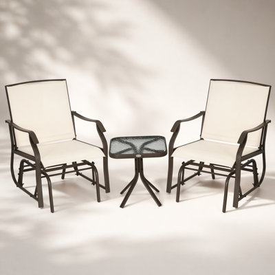 Ensemble de chaises coulissantes 3 pièces Outsunny avec table basse, toile respirante et plateau en verre pour la cour et le jardin