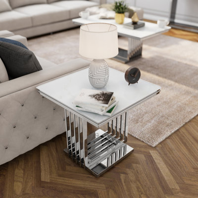 24 Inch White Tempered Glass End Table Set With Silver Base Set Of 2