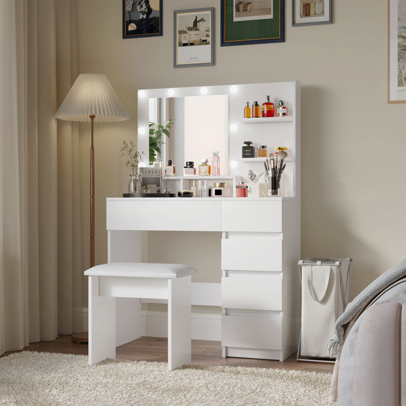 Vanity, Makeup Vanity Desk Set With Mirror & Light, Dressing Table Storage Lots , 3 Lighting Modes With Adjustable Brightness, White With Stool