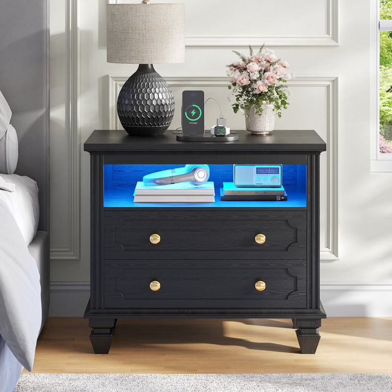 28" Solid Wood Nightstand With 2 - Drawer, Charging Station and Led Light, Black