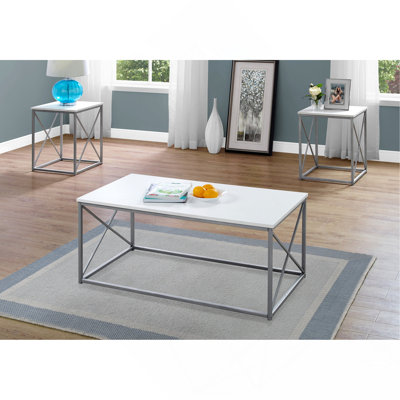 Table Set, 3Pcs Set, Coffee, End, Side, Accent, Living Room, White Laminate, Grey Metal, Contemporary, Modern
