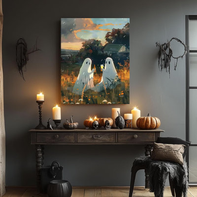  Reproduction murale d'Halloween sur toile, deux fantômes mignons buvant sur l'herbe à la campagne au coucher du soleil, peinture murale rétro, art gothique victorien, images mystérieuses pour chambre