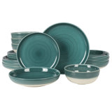 Gibson Elite Clarina 16 Piece Double Bowl Stoneware Reactive Plates Bowls Dinnerware Set - Teal