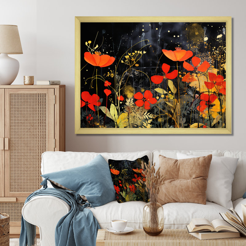 Art mural moderne orange et vert tropical - Collages abstraits, H 24 po x l 32 po x P 1 po, Cadre doré à coins fermés