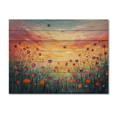 Sunset Wildflowers Blossoms In The Wild I - Wildflowers Wood Wall Art - On Natural Pine Wood