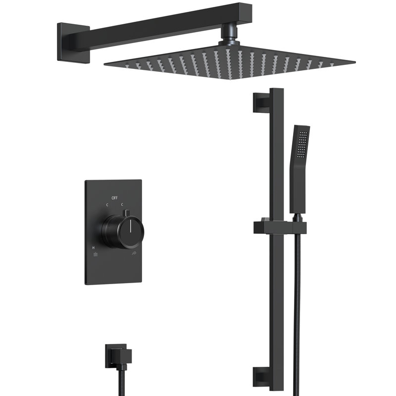 Système de douche à pluie 10 "à pression équilibrée avec douche à main réglable à glissière et valve brute, Noir mat