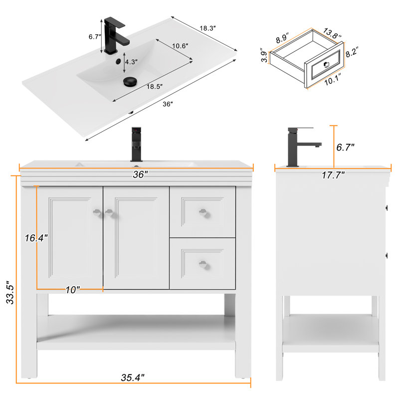 Daum 36" Single Bathroom Vanity Set with Sink Top, 2-door Cabinet And 2 Drawers, Hand Paint, White