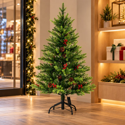 Sapin de Noël artificiel miniature en pin à pointes arrondies, préilluminé, 61 cm / 91 cm / 122 cm, décoré de baies rouges et de pommes de pin. Pot en plastique rempli de ciment et recouvert de toile de jute pour les modèles de 61 cm et 91 cm, base en métal pour le modèle de 122 cm. Sapin de table idéal pour une décoration de Noël champêtre à l’intérieur.