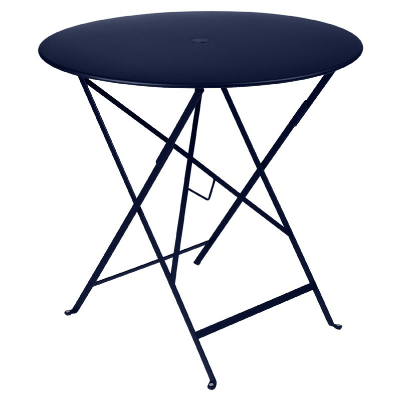 Bistro Round Metal Folding Outdoor Bistro Table With Umbrella Hole , in. W in. D, 29" H x 30.5" W x 30.5" L, Deep Blue