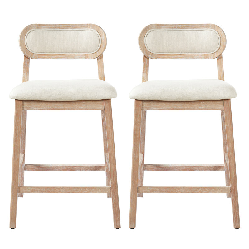 Alden 26.46" Seat Height Modern Wabi-Sabi Rubber Wood Counter Stools with Upholstered Backrest, Beige Cushion/Natural Frame