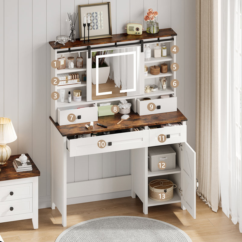Bureau de meuble-lavabo de style campagnard avec portes de grange, miroir et lumière DEL Kerusin