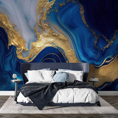 Navy Blue Abstract Marble Wall Mural With Gold Accents