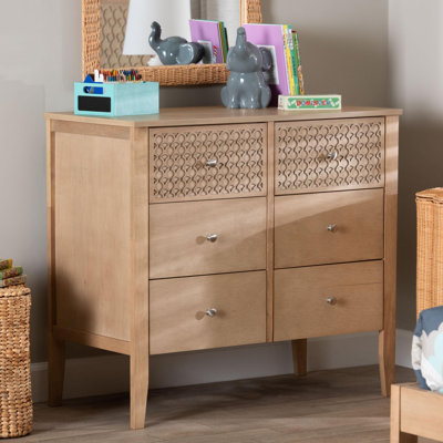 Commode Baxton Studio Hamisi - Commode de rangement de chambre à coucher à 6 tiroirs avec superposition géométrique découpée au laser pour les vêtements et l'organisation, chêne brun