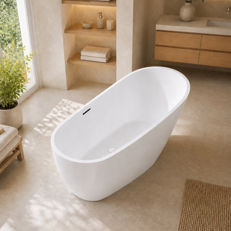 Baignoire de trempage autoportante 63 po sculptée 63 po avec bordure blanche brillante, 63 in, Gloss White