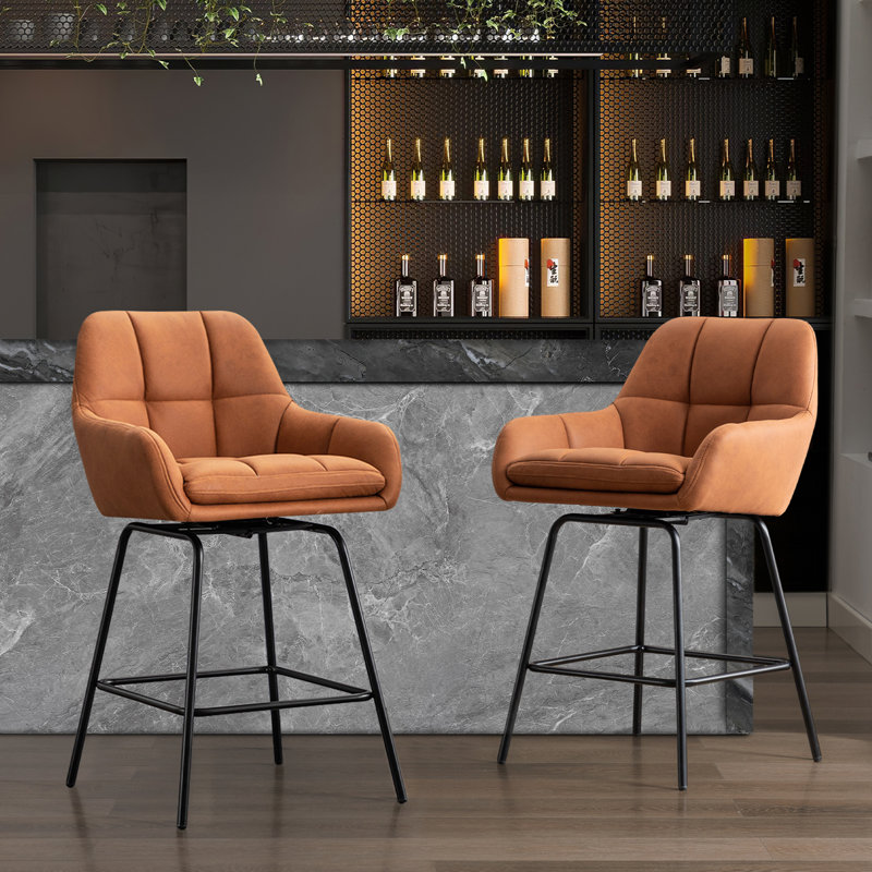 Balwant Upholstered Swivel Height Bar Stool with Metal Legs, Brown