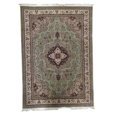 Tapis vert clair et bleu marine noué à la main de haute qualité