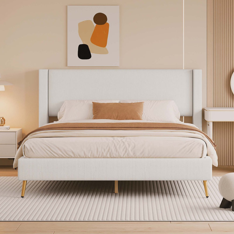 Lit plateforme en velours côtelé avec pieds en métal